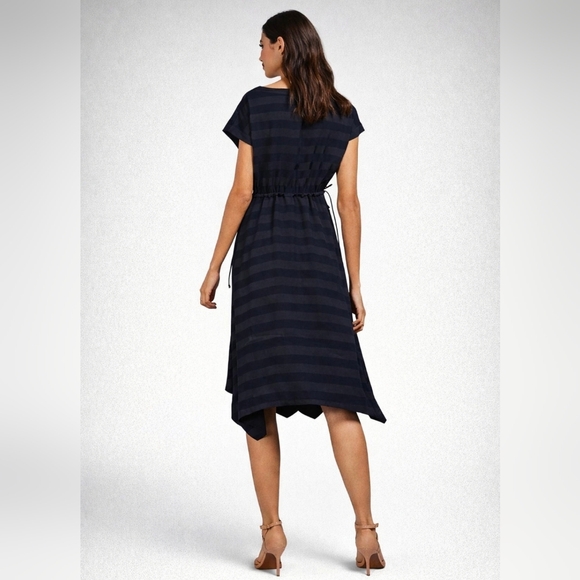 Ted Baker Linnie Asymmetrical Stripe Midi Dress Navy Drawstring Waist NWT - Picture 2 of 9